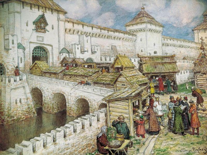 Аполлинарий Васнецов. Книжные лавочки на Спасском мосту в XVII веке. 1902. ГТМ