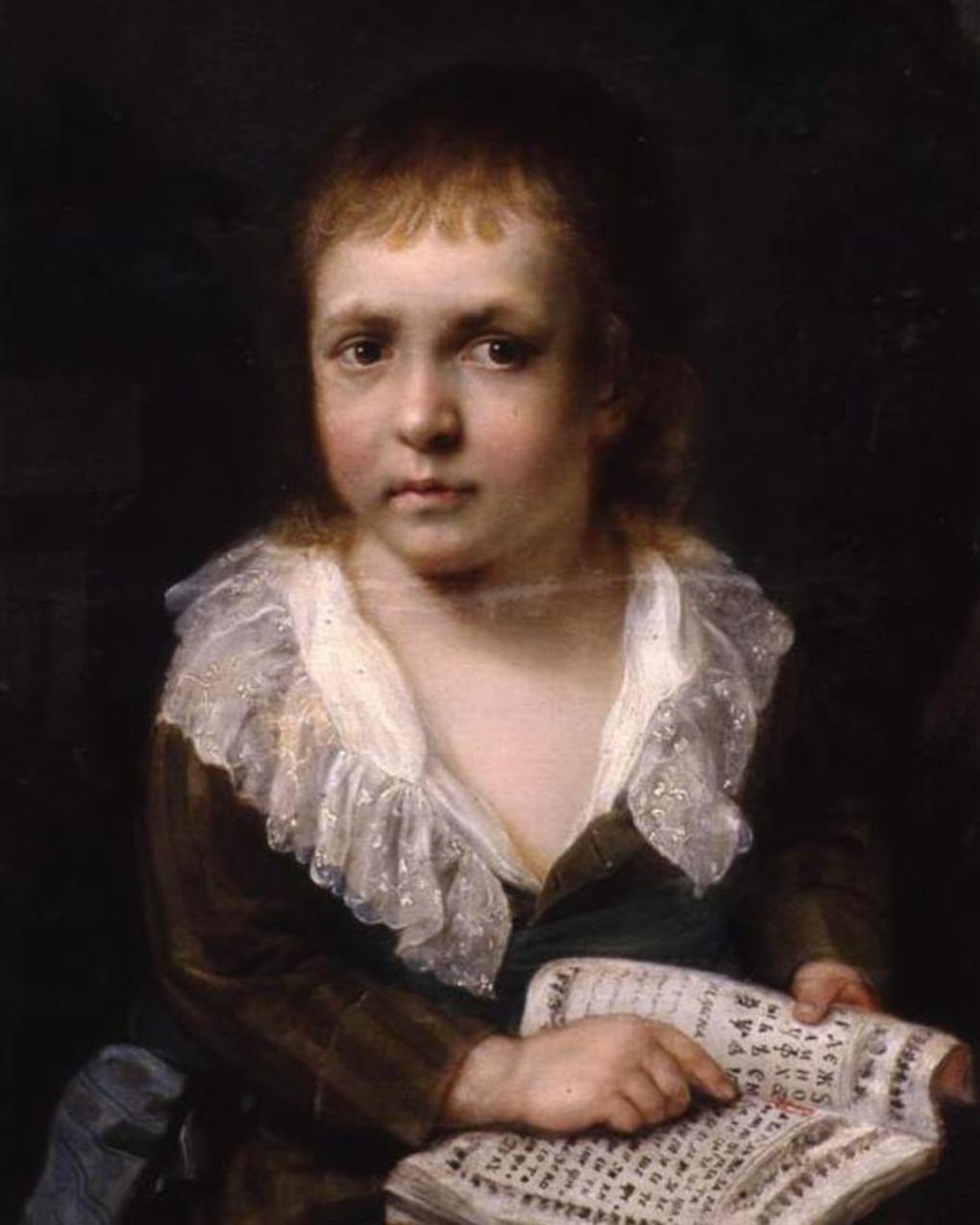 Неизвестный художник. Портрет мальчика с азбукой (фрагмент). 1786. Рыбинский государственный историко-архитектурный и художественный музей-заповедник, Рыбинск, Ярославская область