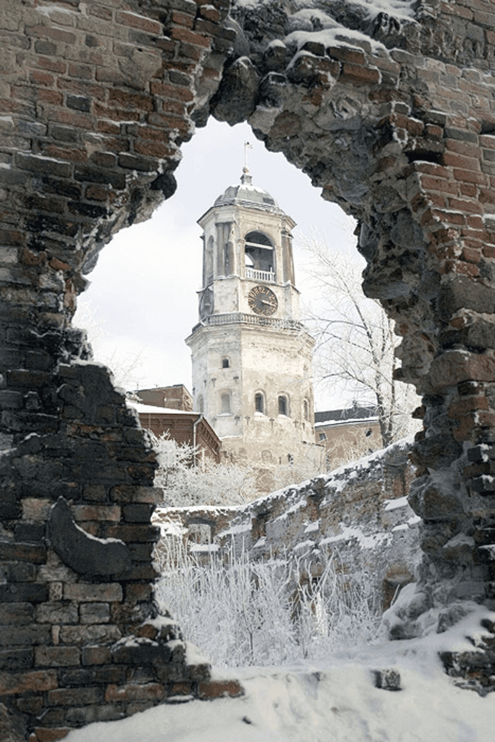 Вид на Часовую башню через пролом в стене Старого кафедрального собора, Выборг. Фотография: Мартын Лютый / Wikimedia Сommons / <a href="https://creativecommons.org/licenses/by-sa/2.5/deed.ru" target="_blank">CC BY-SA 2.5</a>