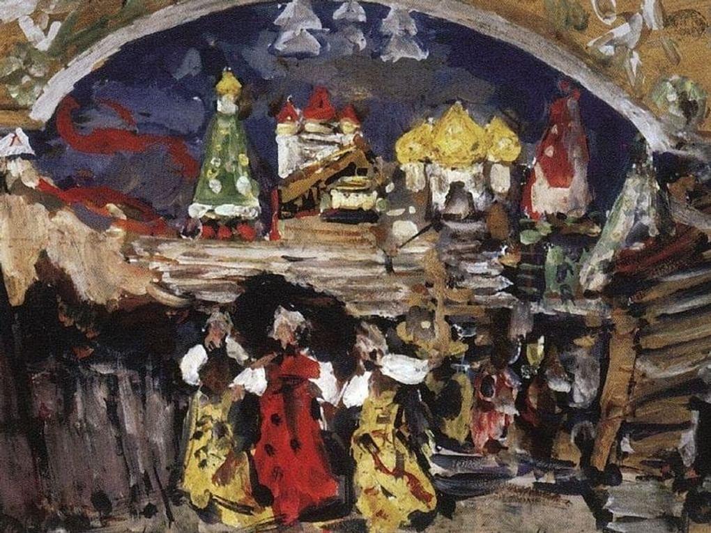 Константин Коровин. На площади (фрагмент). Эскиз декорации к балету Цезаря Пуни «Конек-горбунок». 1912. Государственная Третьяковская галерея, Москва