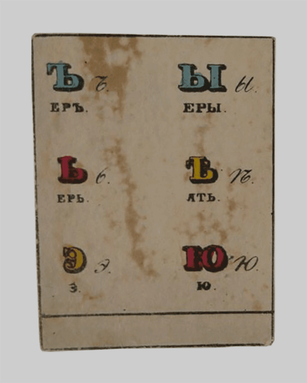 Неизвестный художник. «Еръ, еры, ерь, ять, э, ю». Разрезная азбука в картинках «Разносчики». 1830-е. Государственный музей А.С. Пушкина, Москва