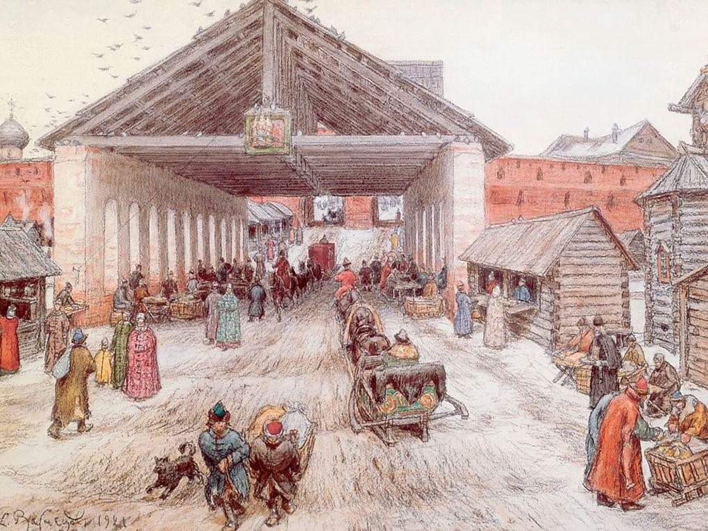 Аполлинарий Васнецов. Крытый Воскресенский мост в конце XVI века (фрагмент). 1921. Музей истории и реконструкции города Москвы, Москва