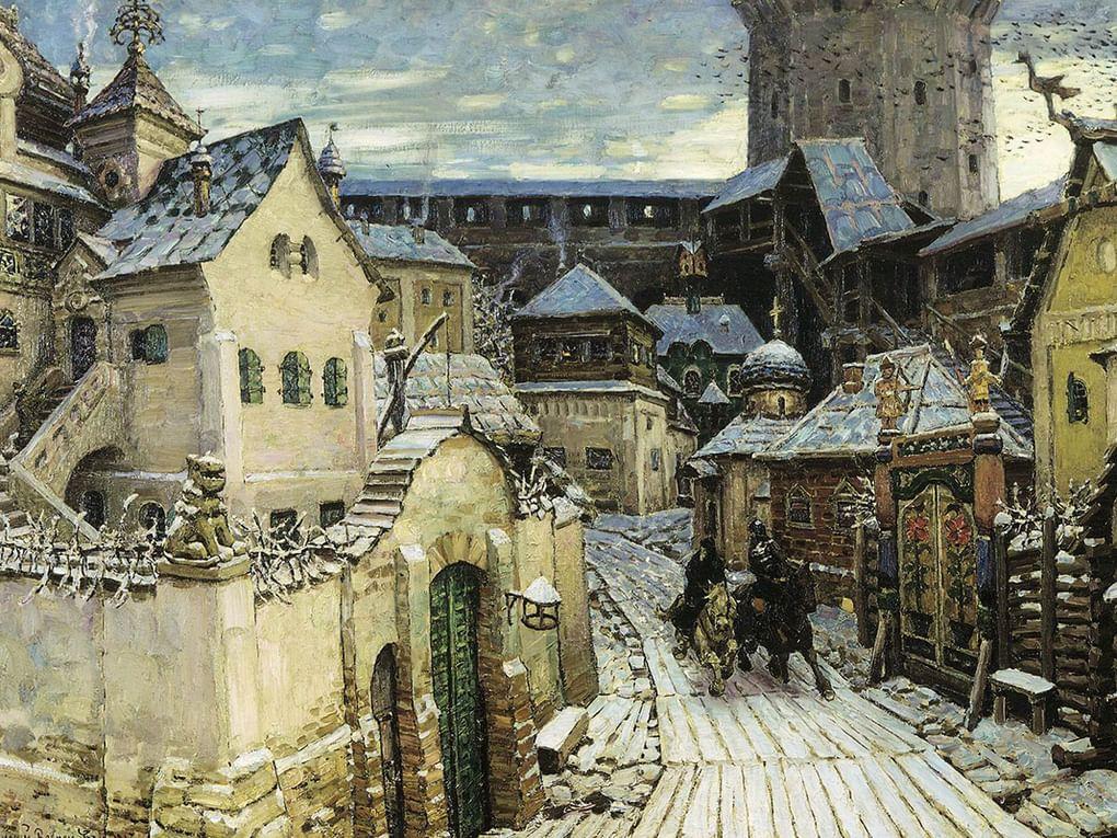 Аполлинарий Васнецов. Гонцы. Ранним утром в Кремле. Начало XVII века (фрагмент). 1913. Государственная Третьяковская галерея, Москва