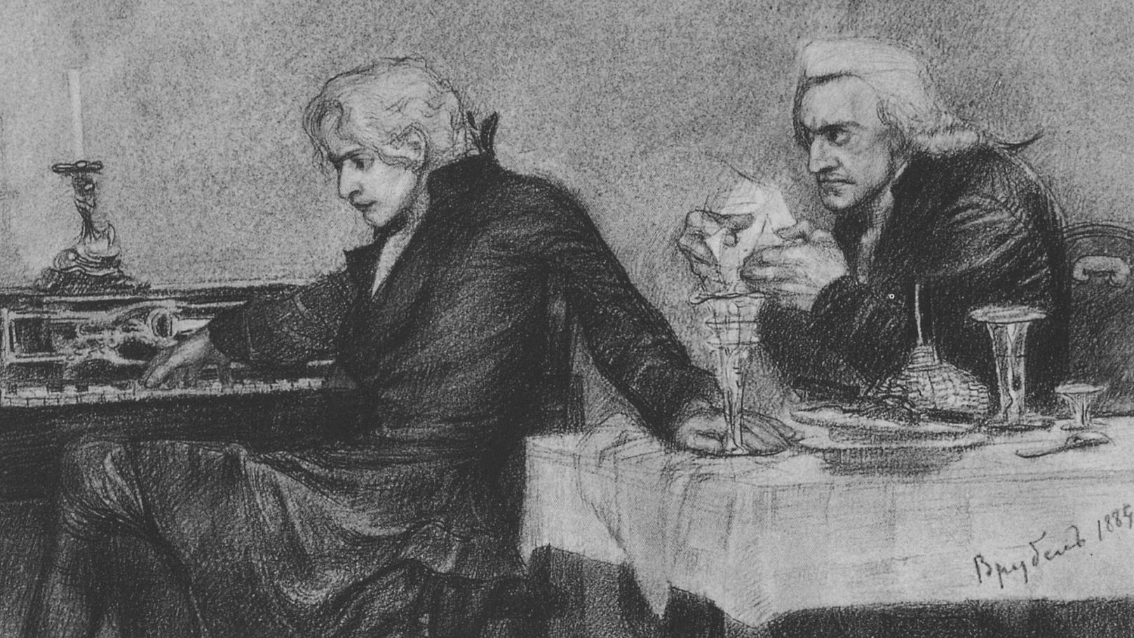 Михаил Врубель. Сальери всыпает яд в бокал Моцарта (фрагмент). Иллюстрация к драме Александра Пушкина «Моцарт и Сальери». 1884. Государственный Русский музей, Санкт-Петербург